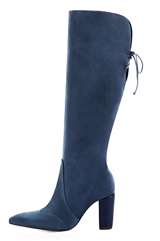 Denim blue women's knee-high boots, with laces at the back. Tapered toe. Very high block heels. Made to measure. Profile view - Florence KOOIJMAN